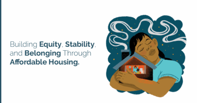 More than a roof illustration of woman wrapping arms around a home filled with people.